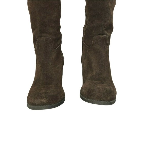 Boots Brown Suede Leather Block Heels Pull On Womens 9 Calf Height Western Almon - Picture 3 of 10